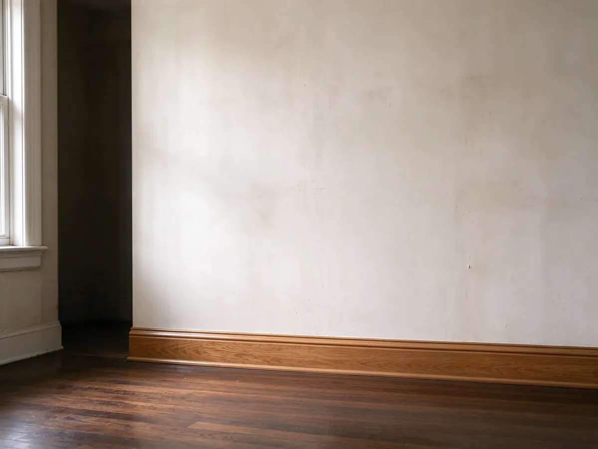 Repaired plaster wall and oak baseboard after electrical access was closed in a Chicago multifamily unit.