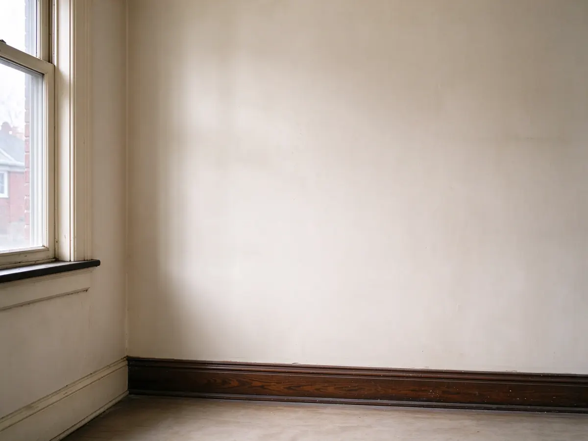 Repaired plaster wall with continuous baseboard after an electrical access opening was closed in an older Chicago home.