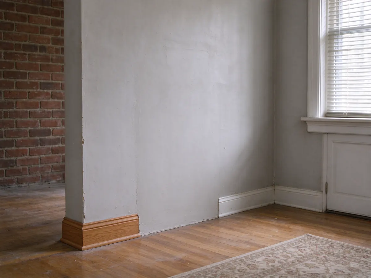 Closed wall opening with a visible unpainted patch above an unfinished section of baseboard.