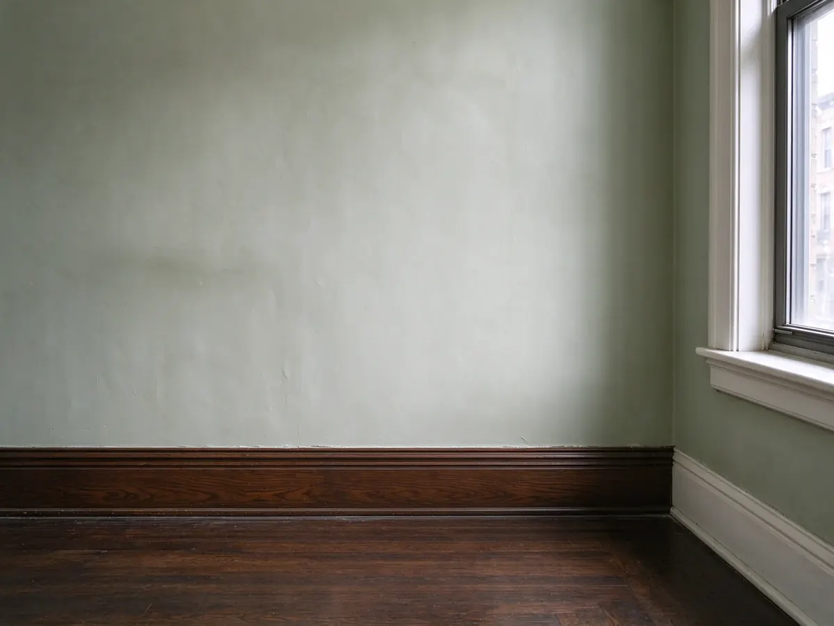 Restored green plaster wall and dark oak baseboard after electrical access was closed in a historic Chicago home.