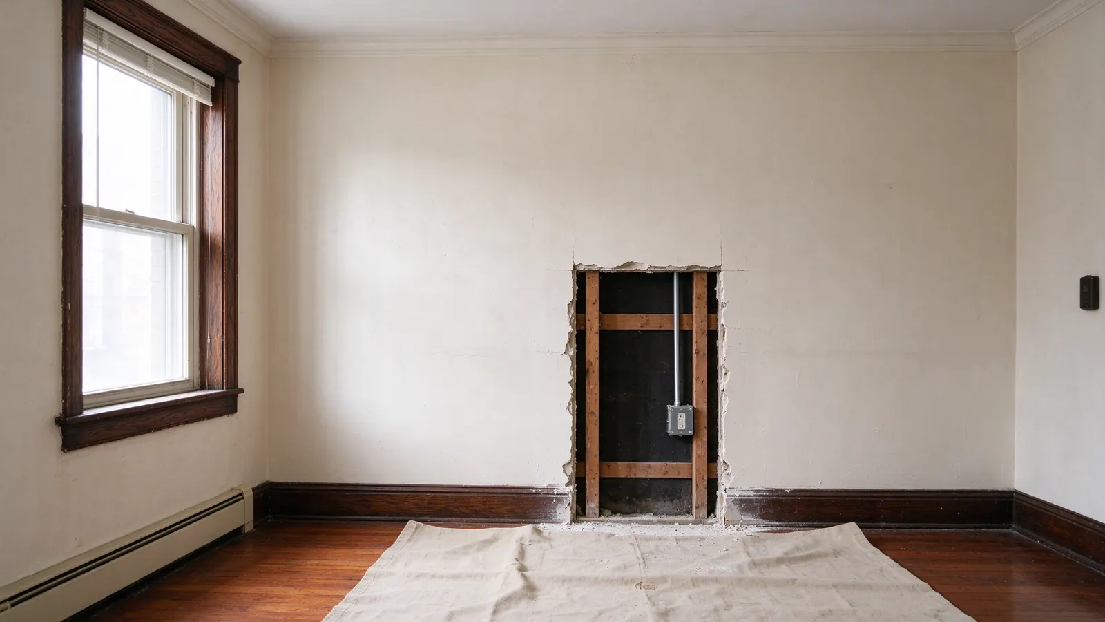 Small access opening in a plaster wall above oak baseboard, with a new steel outlet box and conduit inside, in an older Chicago home.