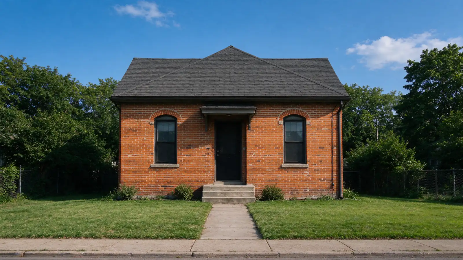 Small older brick cottage with arched windows and a steep gable roof in Blue Island, Illinois.