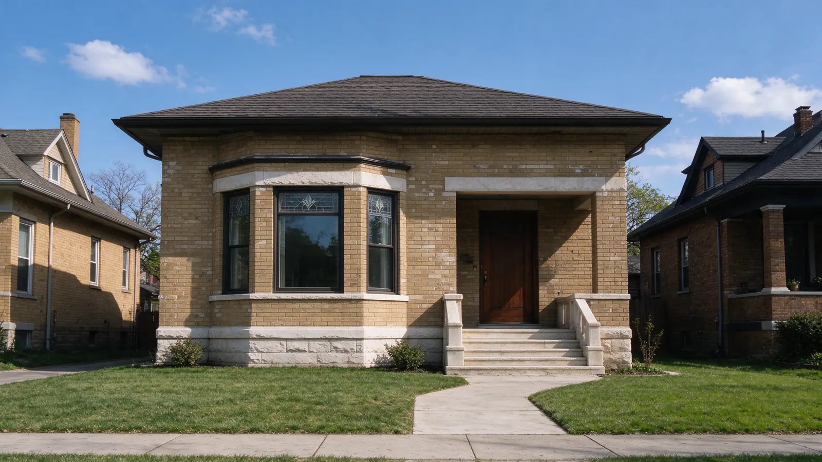 Tan brick Chicago bungalow with a front bay and art glass transoms in Portage Park, Chicago.