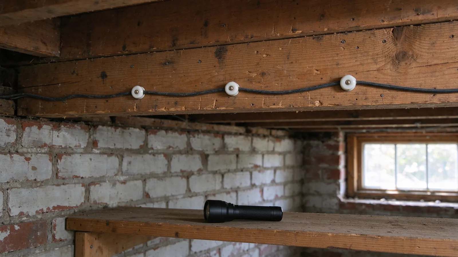 Two separate cloth-covered wires on white porcelain knobs under the floor joists of an older Chicago brick basement.
